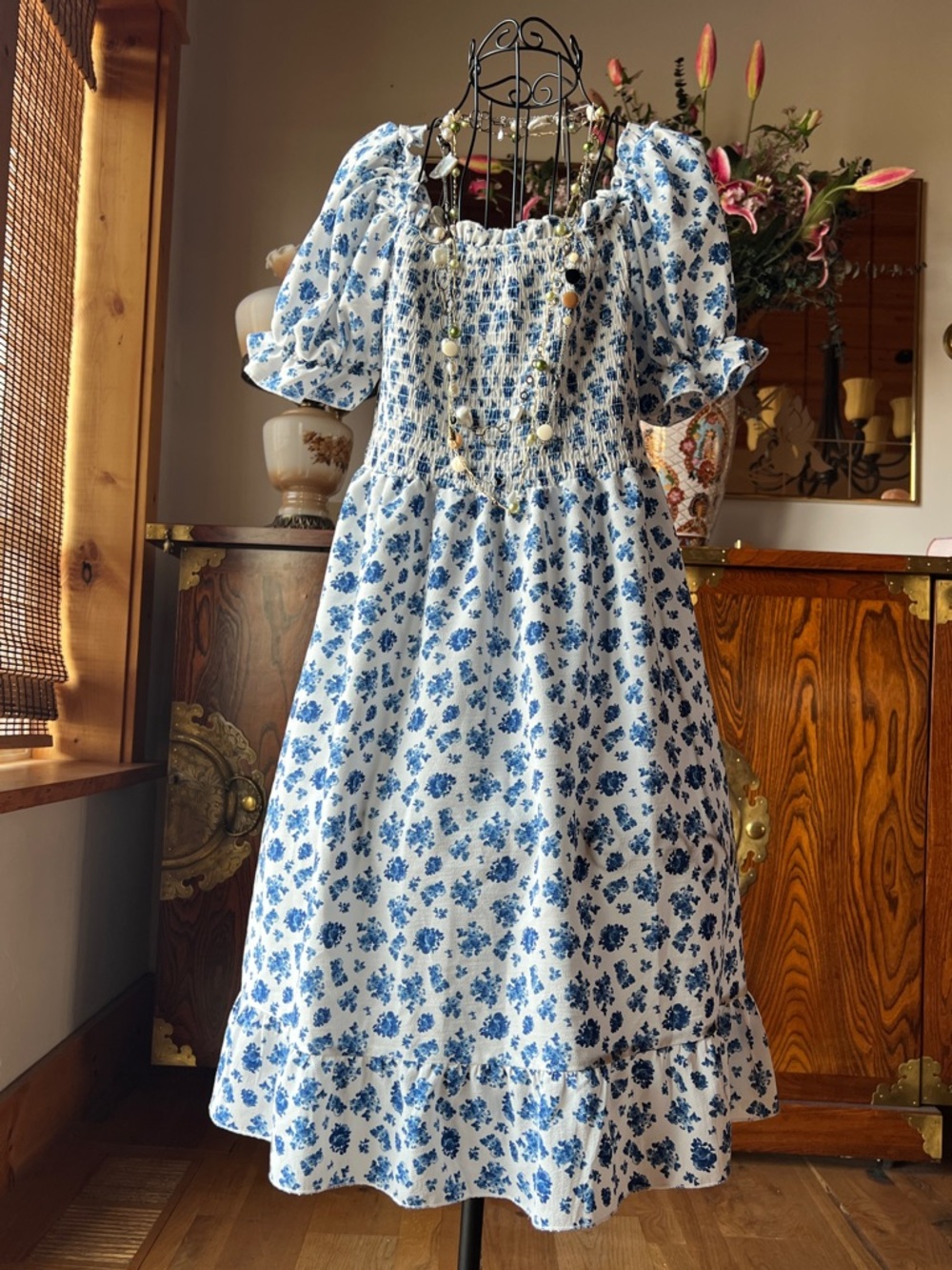 Blue Floral Smocked Puff Sleeve Dress